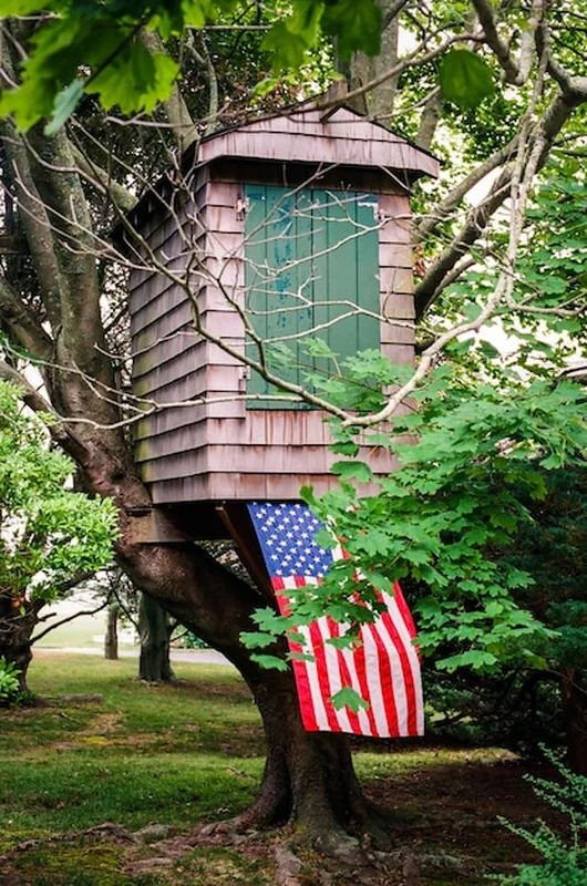 Domek na drzewie z amerykańską flagą na podwórku