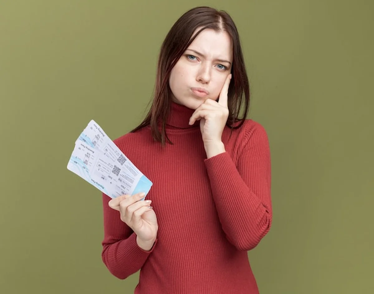 Młoda dziewczyna trzymająca bilety lotnicze na oliwkowozielonej ścianie