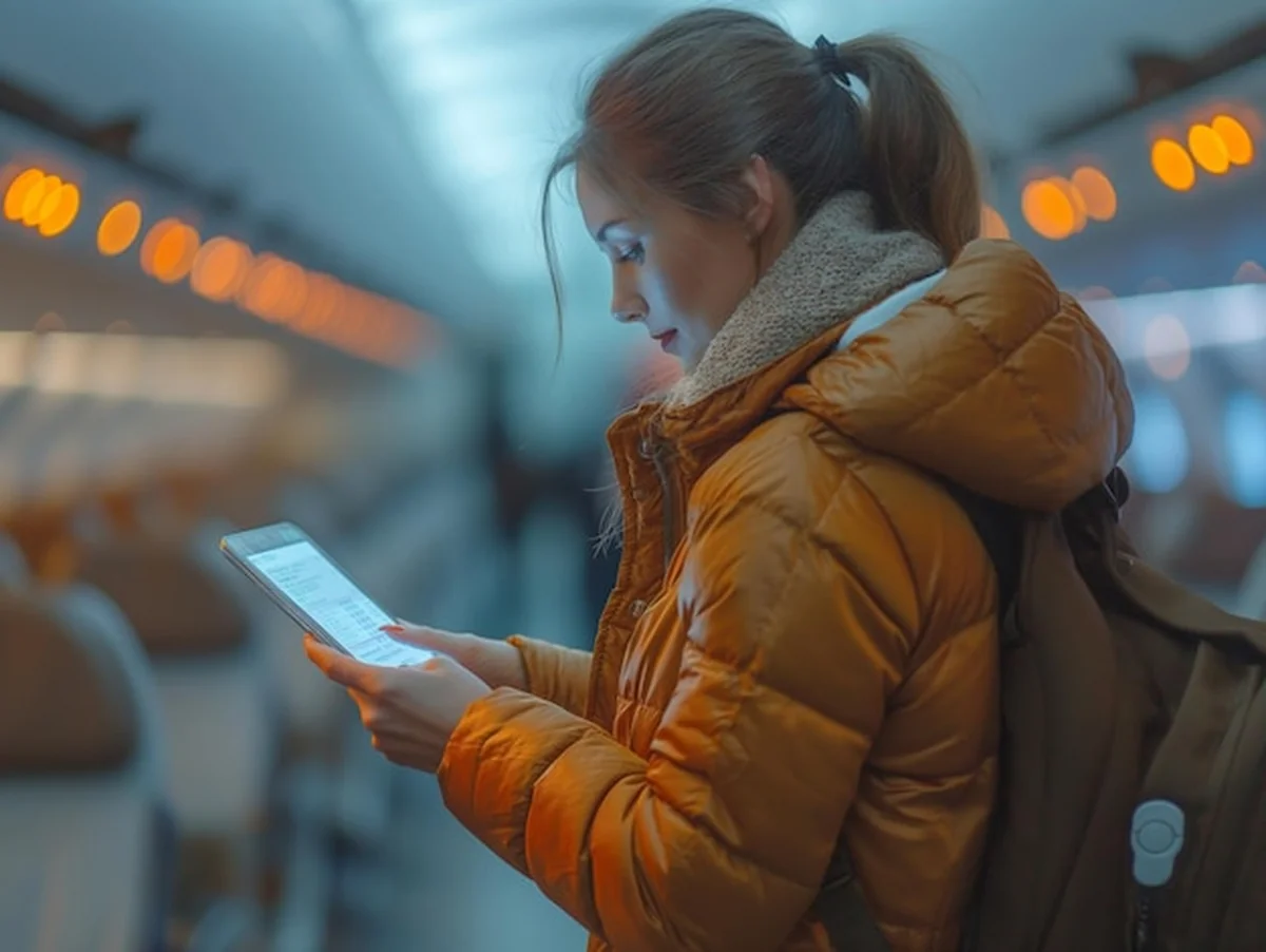 Kobiece ręce trzymają telefon z aplikacją linii lotniczych na lotnisku