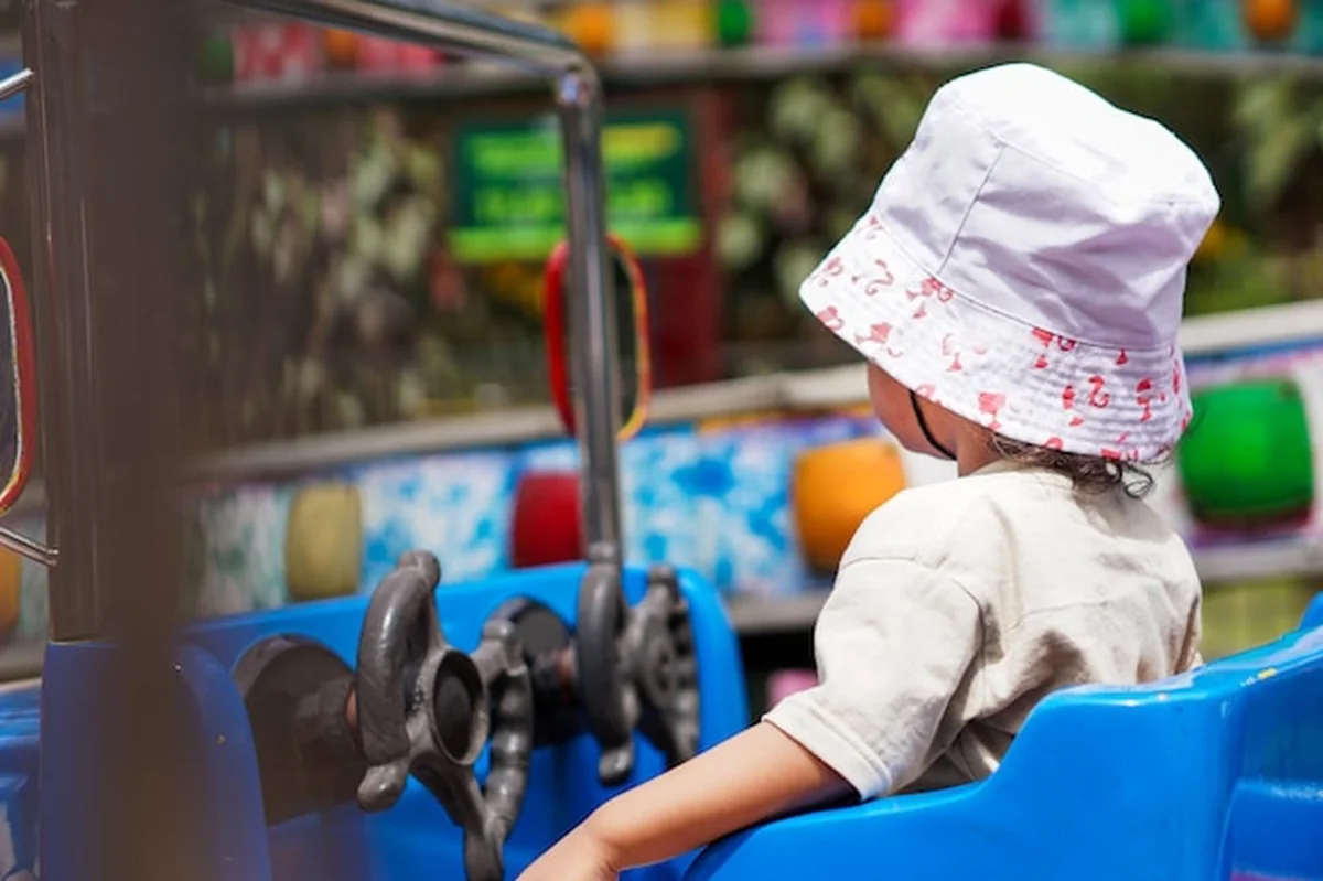 Dziecko na karuzeli w parku rozrywki 