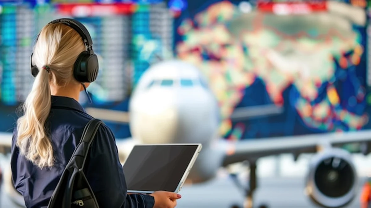 Personel monitoruje dane lotnicze na dużych ekranach